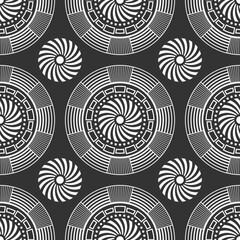 Abstract seamless vector pattern with round geometric shapes, symbols. Tribal pattern. Geometric shapes pattern. White shapes, isolated on black background.