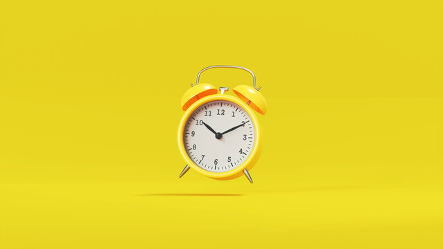 3d rendering a yellow alarm clock floating above the yellow floor and background.