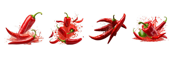 Set of Fresh red chili peppers and cross sections of chili pepper with seeds floating in the air isolated on transparent or white background