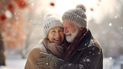 An elderly couple walks in a winter park - obrazy, fototapety, plakaty
