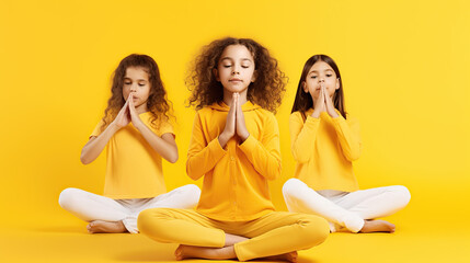 kids doing yoga isolated on yellow background  - obrazy, fototapety, plakaty