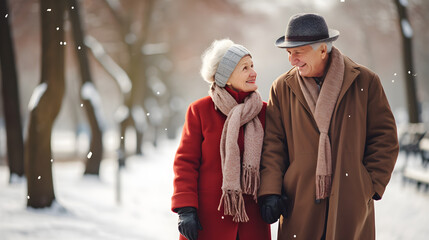 An elderly couple walks in a winter park