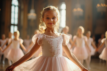 Class of little girls ballerinas are dancing  - obrazy, fototapety, plakaty