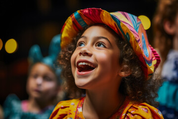 Fototapeta premium A group of children's theater students enthusiastically rehearsing a lively musical number 