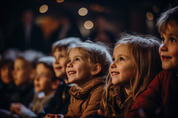 Wide-eyed kids in the audience captivated by the magic of live theater unfolding before them 