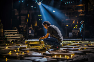A stagehand maneuvering large set pieces behind the scenes with precision  - obrazy, fototapety, plakaty
