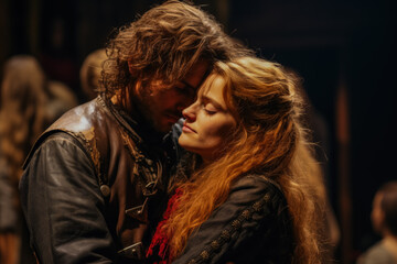 Fototapeta premium Actress embracing her co-star in an emotional scene on stage 