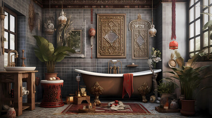 bathroom with unique ethnic decorative - obrazy, fototapety, plakaty
