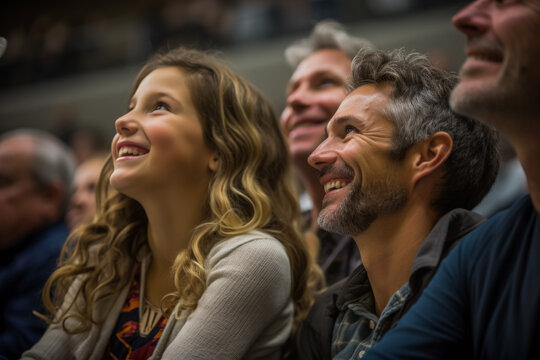 Parents proudly watching their children perform their faces filled with joy and admiration 