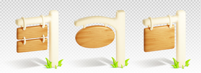 3d wood travel road signboard isolated vector. Wooden signpost with white pillar, timber plank and rope, for village location or highway illustration. Destination guide on pole object collection