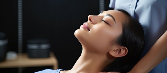 Asian physiotherapist providing a professional appointment and massaging an attractive patient s neck and shoulders With copyspace for text - Powered by Adobe