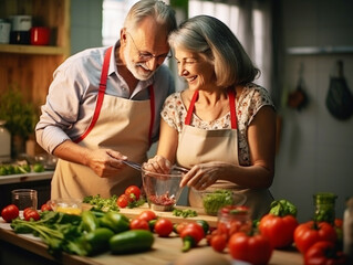 Elderly couple cooking dinner together at home evening.