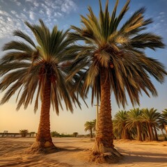 couple of palm trees sitting next to each other, dau-al-set, hdr, vibrant colors, outrun, palm tree on the beach