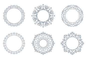 Set of decorative frames Elegant vector element for design in Eastern style, place for text. Floral gray and white borders. Lace illustration for invitations and greeting cards