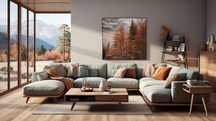 Scandinavian style home interior design of modern living room with grey sofa.