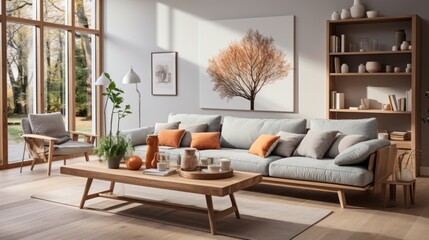Fototapeta premium Scandinavian style home interior design of modern living room with grey sofa.