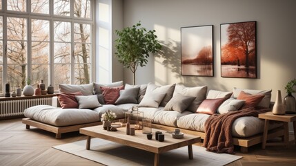 Scandinavian style home interior design of modern living room with grey sofa.