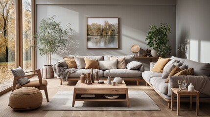 Scandinavian style home interior design of modern living room with grey sofa.