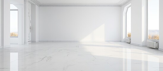 Empty apartment with spacious marble floored interior With copyspace for text