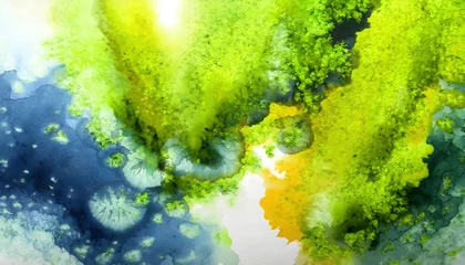 Fotobehang Abstract watercolor paint of aerial top view landscape green forest and blue lake river in concept  nature, environment. © by korkeng