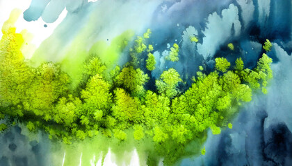 Fototapeta na wymiar Abstract watercolor paint of aerial top view landscape green forest and blue lake river in concept nature, environment.