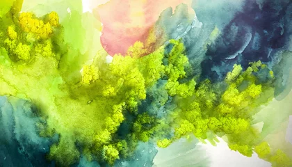 Poster Abstract watercolor paint of aerial top view landscape green forest and blue lake river in concept  nature, environment. © by korkeng