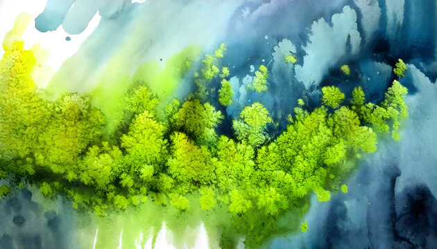 Abstract watercolor paint of aerial top view landscape green forest and blue lake river in concept  nature, environment.