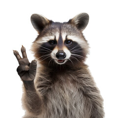 Funny raccoon gives a cool thumbs up on transparent background PNG. Funny animal concept. - obrazy, fototapety, plakaty