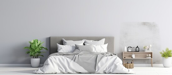 Cozy bedroom with white and gray interior With copyspace for text