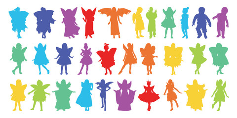 Kids Wearing Fairy Dress Silhouette Vector Illustration.
