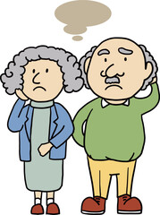 悩み、考える高齢者のシンプルなかわいいタッチのイラスト