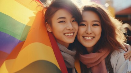 LGBT Asian lesbian young couple smiling holding pride flag happiness with love together.Cheerful Homosexual couple embracing and looking at camera under LGBTQ pride flag.LGBTQ Lifestyle Pride Month