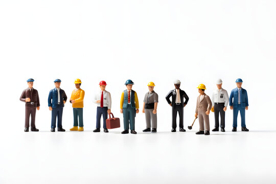 Diverse miniature figures, various professions and genders, lined up on a clean white background.