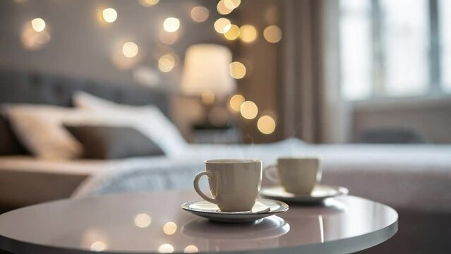 Two freshly made coffees on a table in a luxurious hotel room. There is a double bed in the back. Generative AI