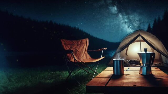 Solo camping night. Milky Way in the night sky. Fireflies are flying. Make some coffee and relax. Generative AI