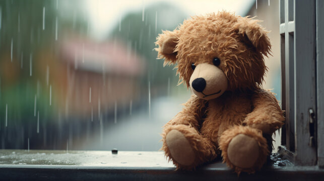 A teddy bear sitting on a window