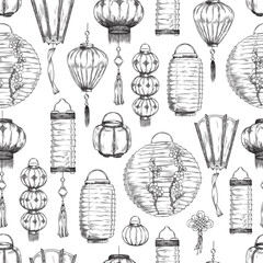 Seamless pattern with hand drawn monochrome Japanese lanterns