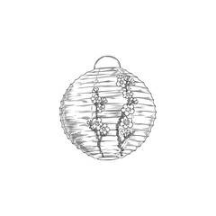 Engraved Japanese lantern decorated with blossoming sakura branch, vector hand drawn traditional Asian paper round lamp