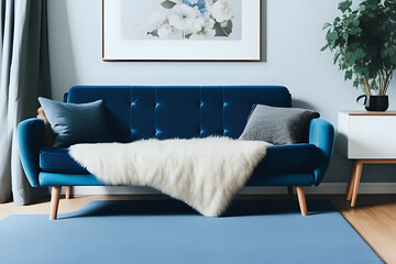 cute modern bedroom interior with blue sofa, fireplace, pot flowers, carpet and table.