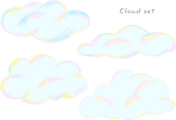 Cute fluffy clouds set, hand drawn illustration set with colored pencil texture / もくもくしたかわいい雲セット、色鉛筆テクスチャの手描きイラストセット