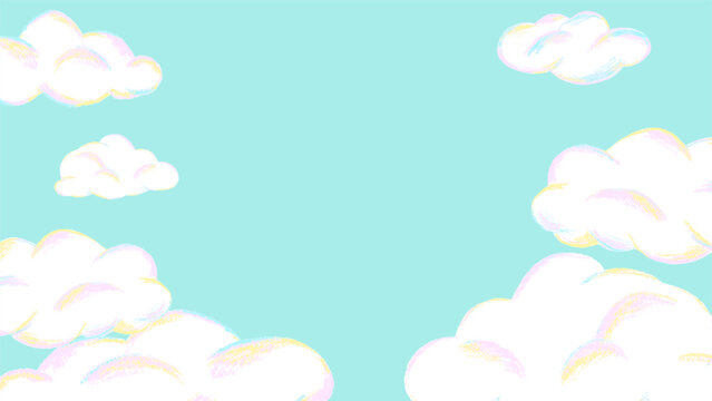 Cute fluffy clouds and blue sky background, hand drawn illustration with colored pencil texture / もくもくしたかわいい雲と青空の背景、色鉛筆テクスチャの手描きイラスト