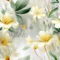 Fototapeta premium Seamless watercolor flowers in green and yellow background, ai generative