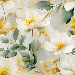 Seamless watercolor flowers in green and yellow background, ai generative