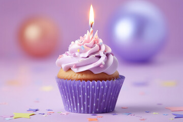 Delicious cupcake with a birthday candle and a gift box, set against a lilac background
