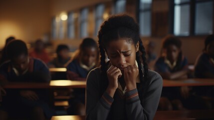 Lonely sad african-american schoolgirl crying while all her classmates ignoring her. Social exclusion problem. Bullying at school concept. Racism problem - obrazy, fototapety, plakaty