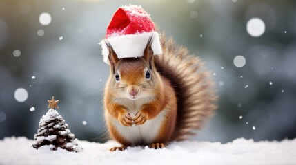 Cute squirrel in red santa hat with christmas tree on snow, ai generative