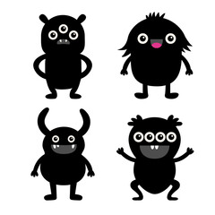 Cute black monster set. Happy Halloween. Monsters with different emotions. Cartoon kawaii boo baby character. Funny face head. Childish collection. White background. Flat design.