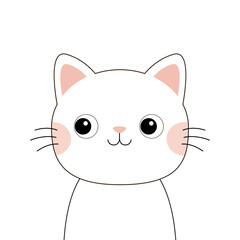 White cat head face line contour silhouette icon. Funny kawaii smiling doodle animal. Cute cartoon funny character. Pink blush cheeks. Pet collection. Flat design Baby background.
