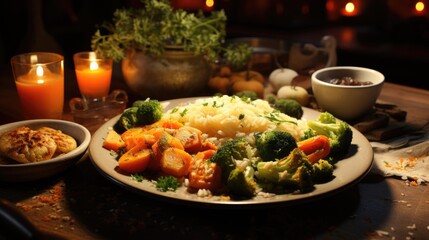 Roast vegetables with rice on a wooden table