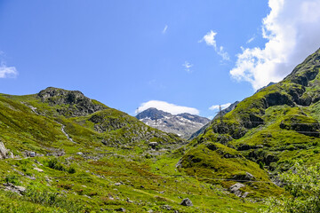 Obraz premium Grosser Sankt Bernhard, Saint-Bernard, St. Bernard, Passstrasse, Alpenpass, Bergstrasse, Alpen, Wallis, Aostatal, Wanderweg, Sommer, Schweiz, Italien